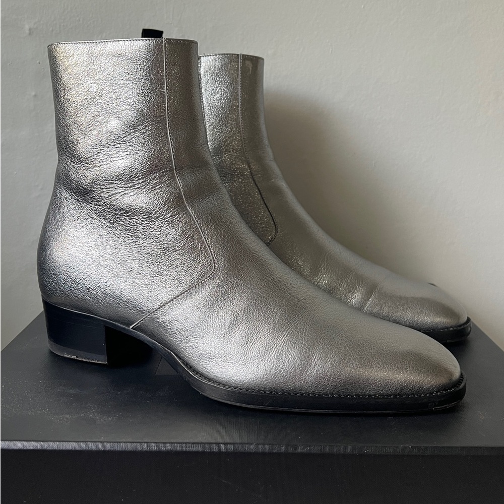 YSL Saint Laurent Wyatt 40 Silver Leather Boots sz 41 Men